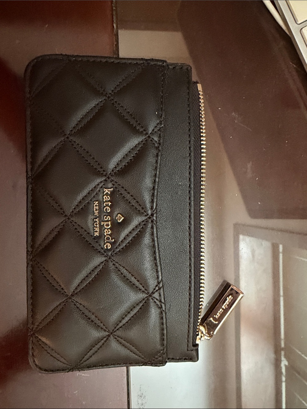 kate spade Black Quilted Leather Card Case with Gold Zip